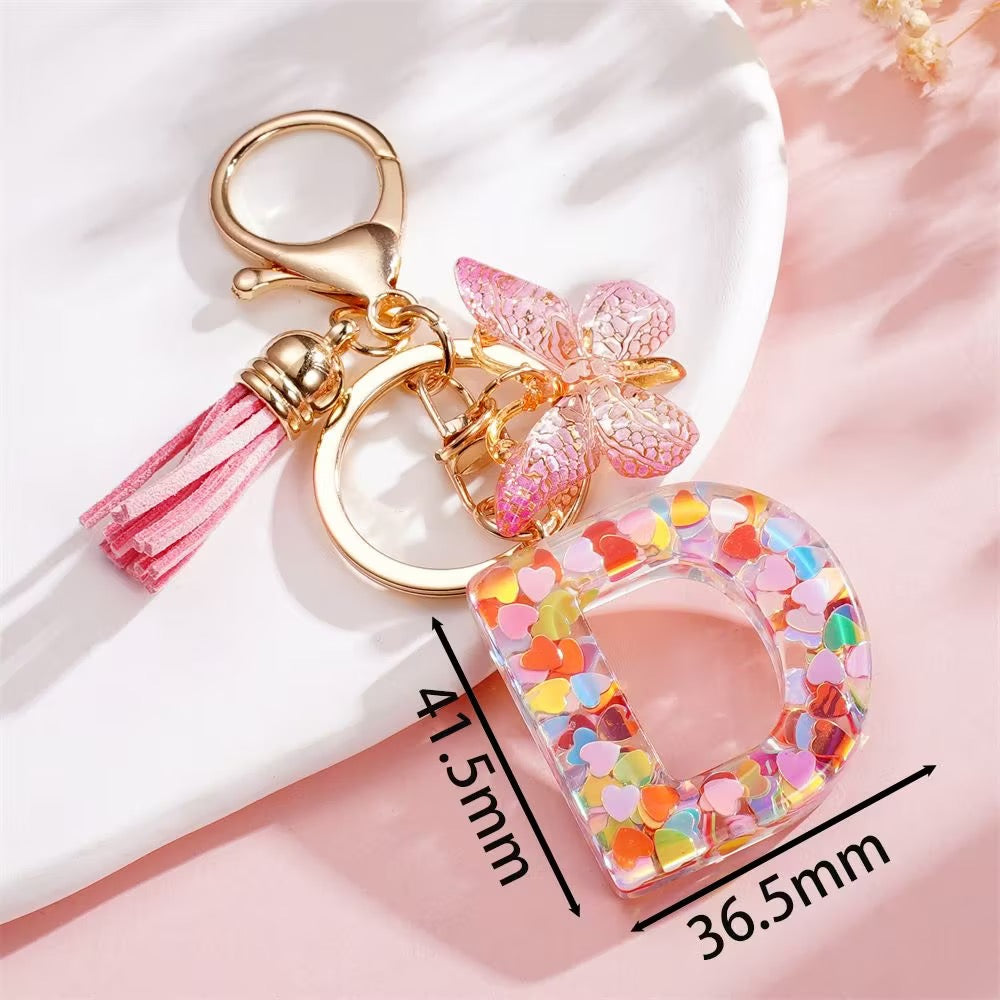 Custom Pink Glitter Initial Keychain with Butterfly & Heart Charm V Boutique Studio