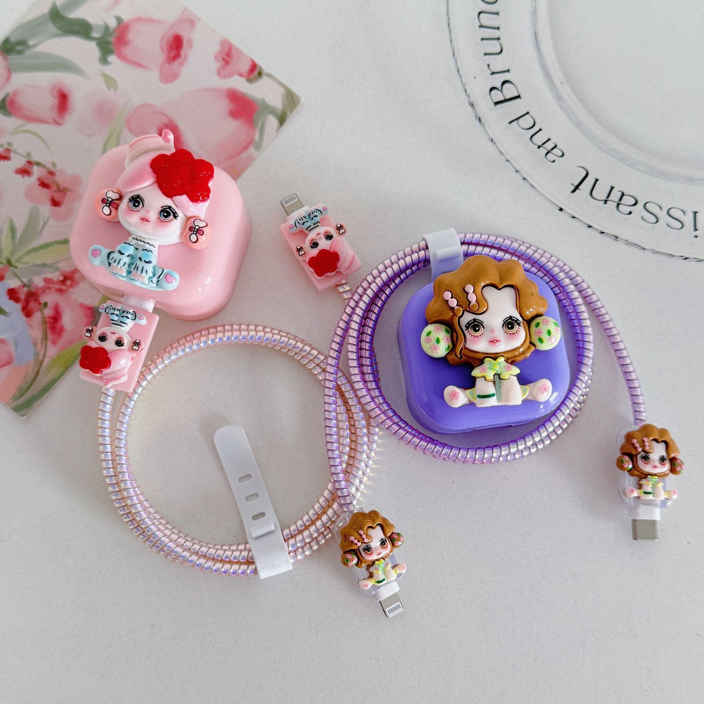 Cute Cartoon Girl Charging Cable Protector Set – 3D Plug, Cord & Case Covers