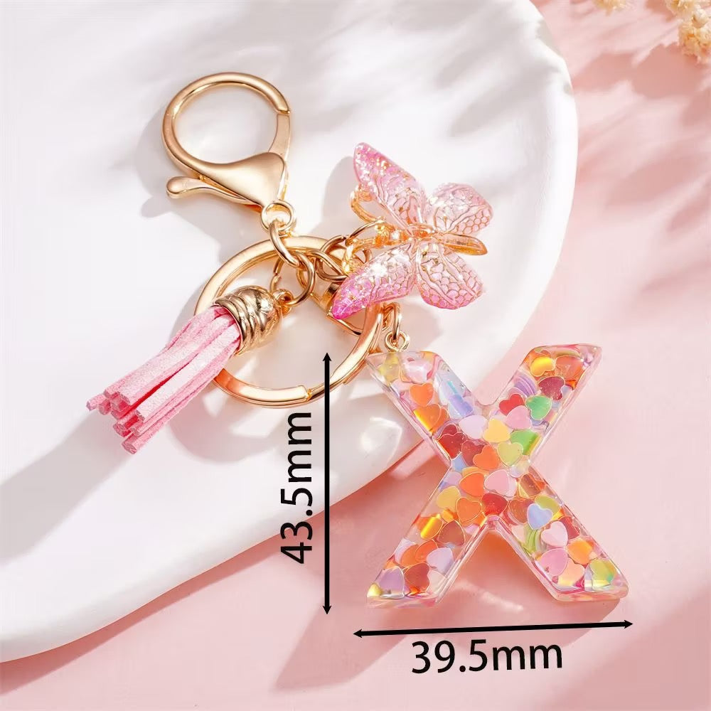 Custom Pink Glitter Initial Keychain with Butterfly & Heart Charm V Boutique Studio
