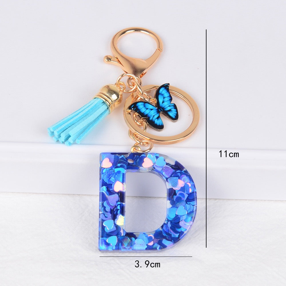 Blue Initial Letter Keychain with Butterfly & Tassel V Boutique Studio