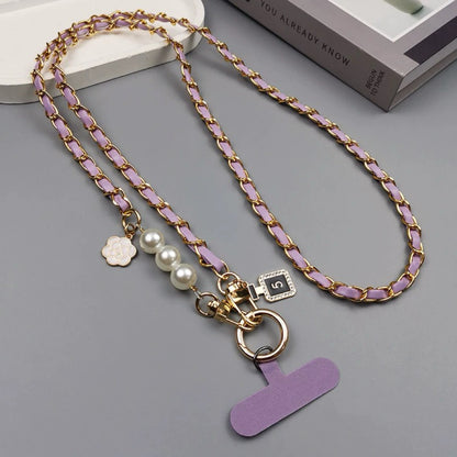 Luxurious Handmade Pearl Leather Crossbody Phone Lanyard