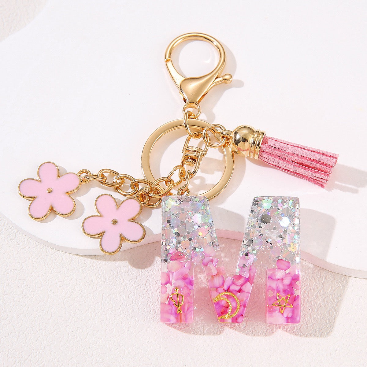 Glitter Resin Letter Keychain – Pink Flower & Tassel Charm