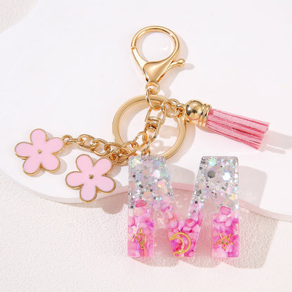Glitter Resin Letter Keychain – Pink Flower & Tassel Charm