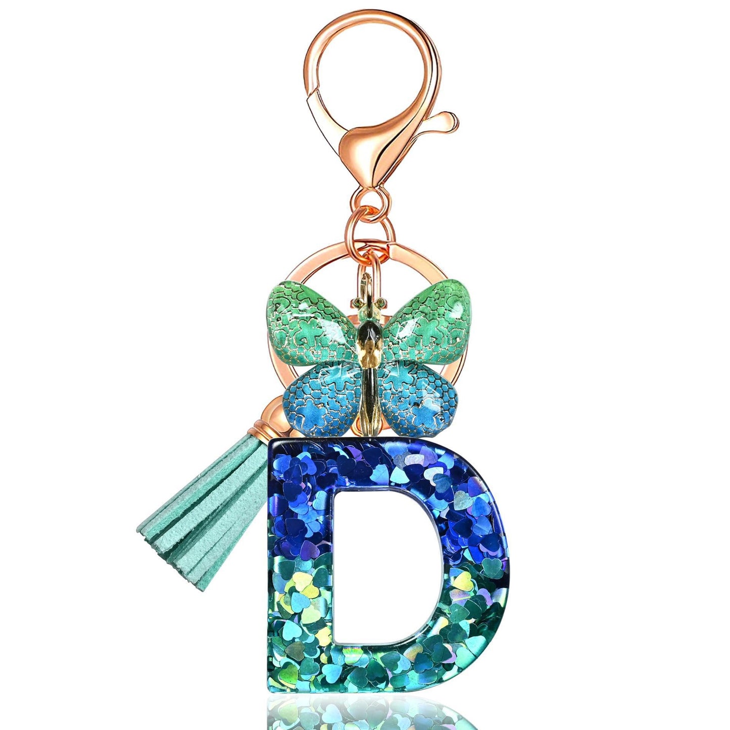 Blue-Green Resin Initial Keychain – Butterfly & Tassel Charm Gift