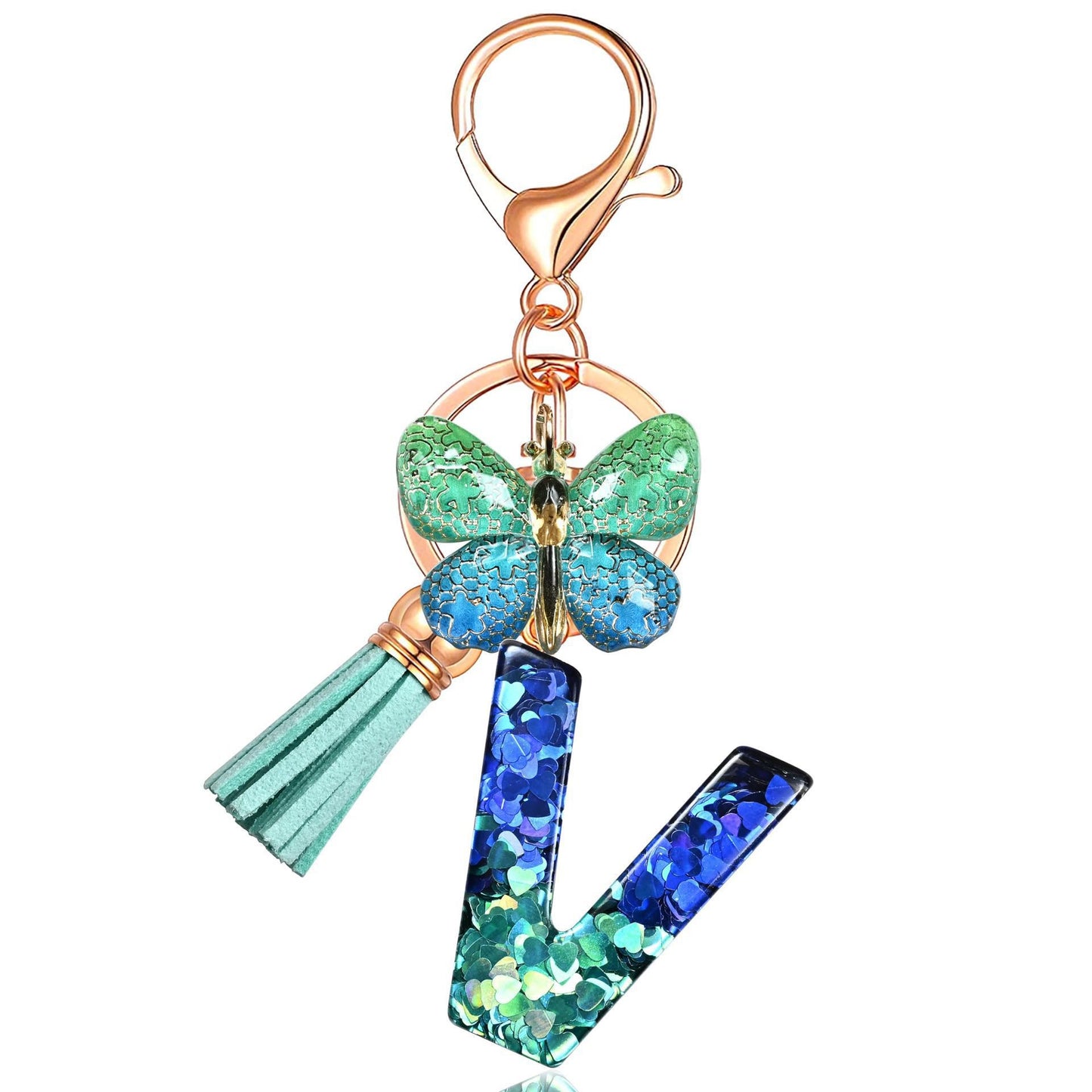 Blue-Green Resin Initial Keychain – Butterfly & Tassel Charm Gift