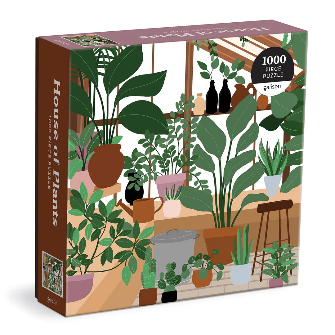 House of Plants 1000 Piece Puzzle by Galison – A cozy indoor garden scene featuring vibrant potted houseplants in a sunlit greenhouse setting.