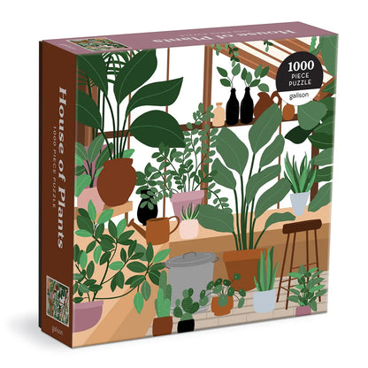 House of Plants 1000 Piece Puzzle by Galison – A cozy indoor garden scene featuring vibrant potted houseplants in a sunlit greenhouse setting.