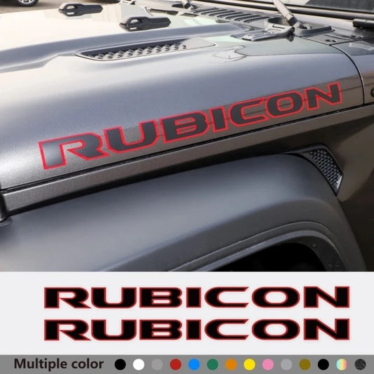 Custom WRANGLER hood decal on yellow Jeep Wrangler – bold red and black vinyl sticker with multiple color options
