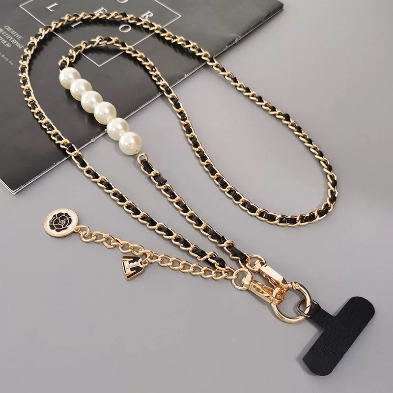 Lanière de téléphone en cuir et métal de luxe avec perles