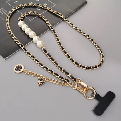 Lanière de téléphone en cuir et métal de luxe avec perles