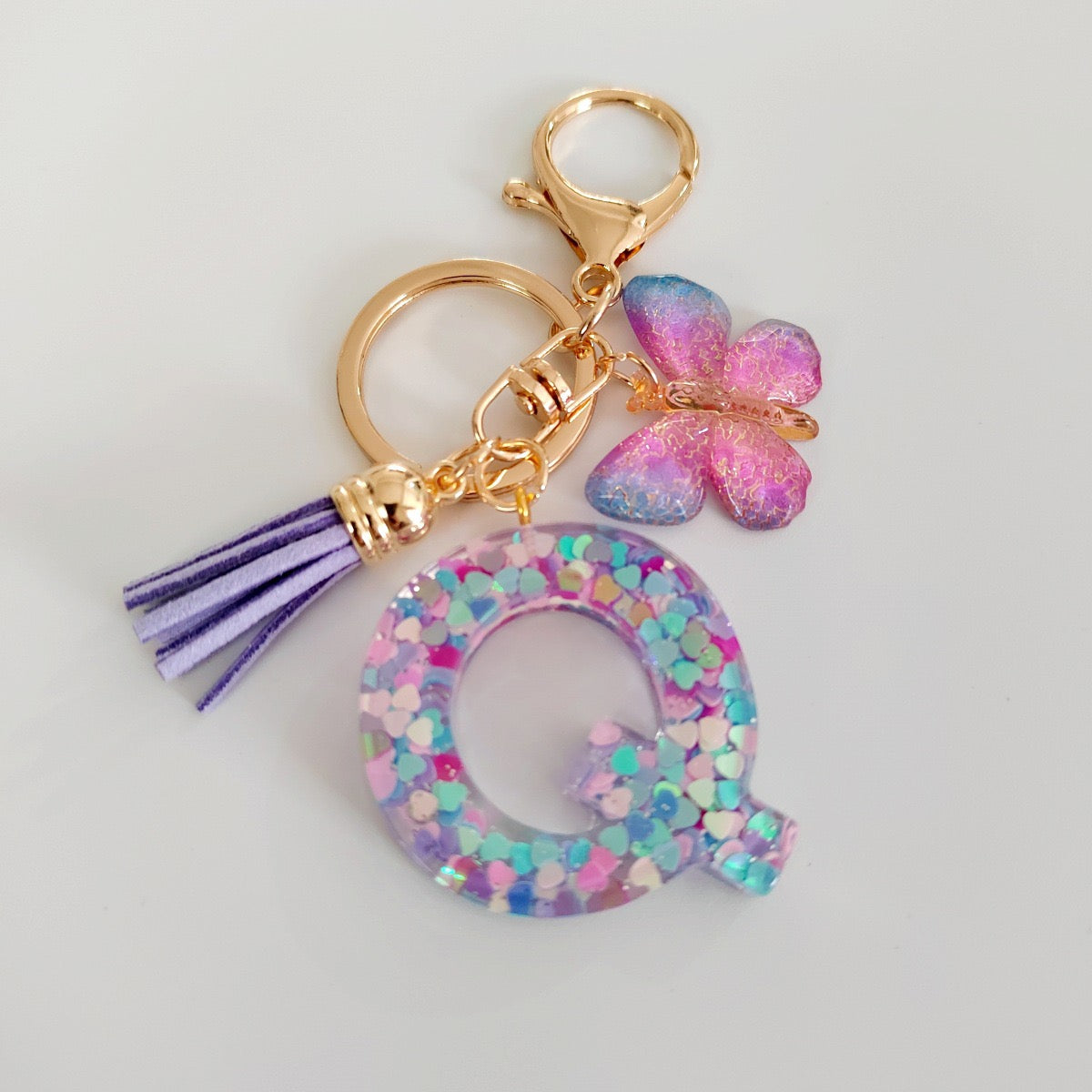 Glitter Resin Letter Keychain – Purple Tassel & Butterfly Charm