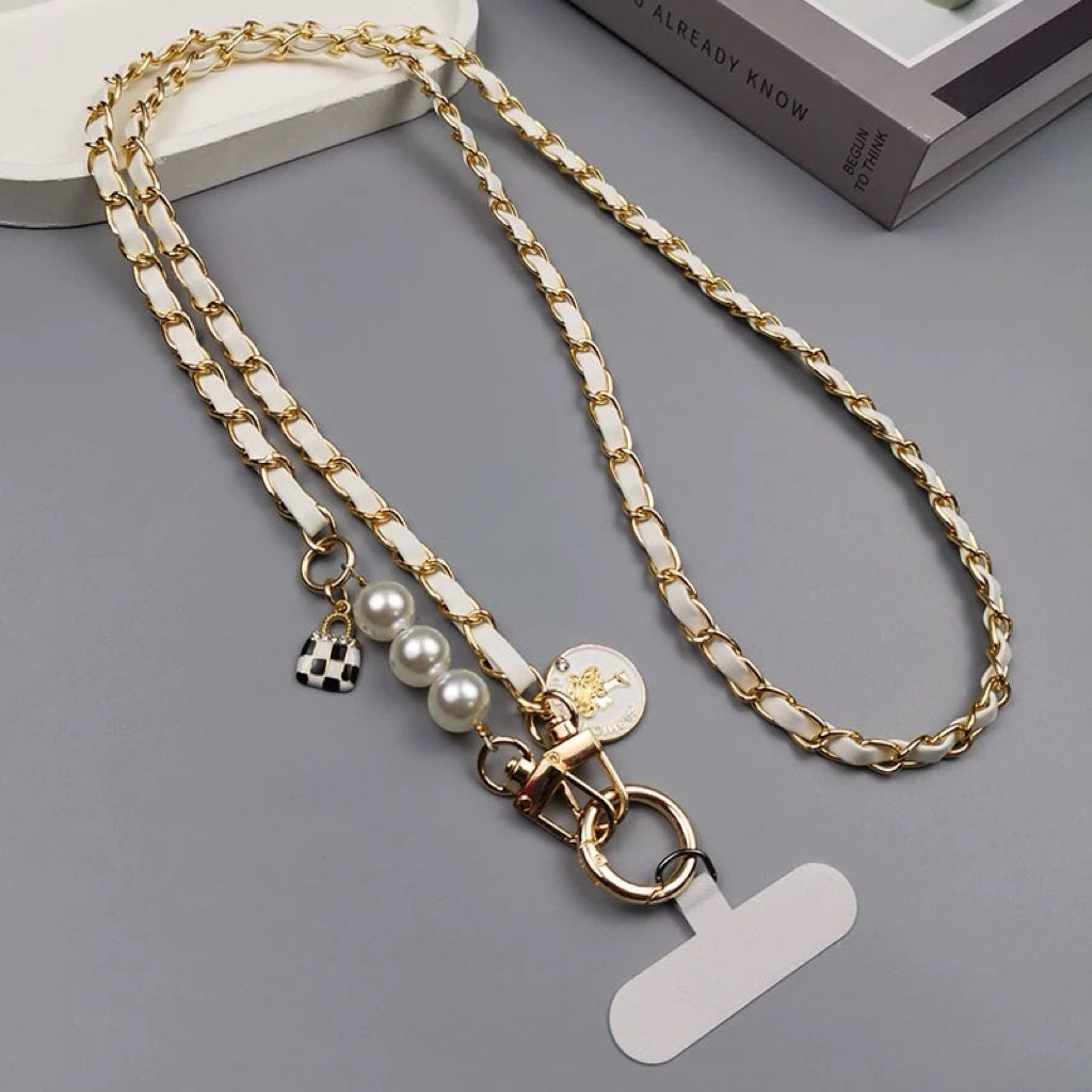 Luxurious Handmade Pearl Leather Crossbody Phone Lanyard