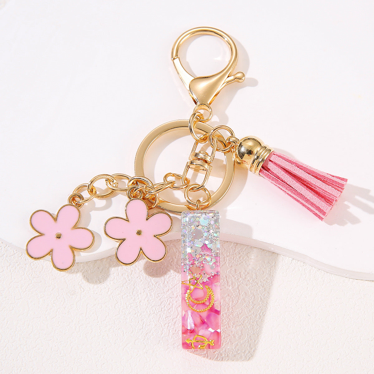 Glitter Resin Letter Keychain – Pink Flower & Tassel Charm