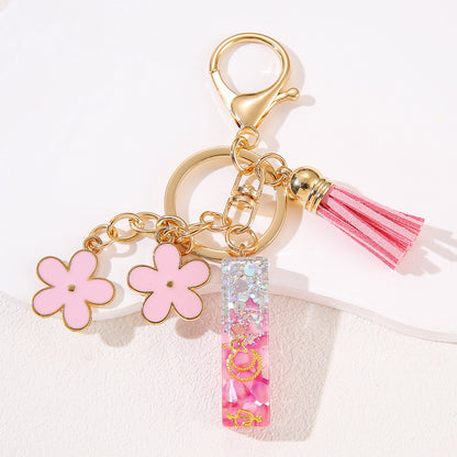 Glitter Resin Letter Keychain – Pink Flower & Tassel Charm
