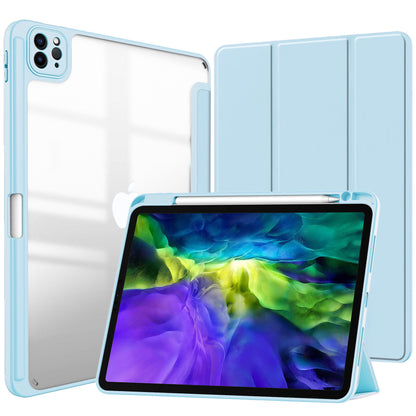 Clear Back iPad Case with Pencil Holder – Shockproof Tri-Fold Stand Cover