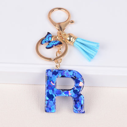 Blue Initial Letter Keychain with Butterfly & Tassel V Boutique Studio
