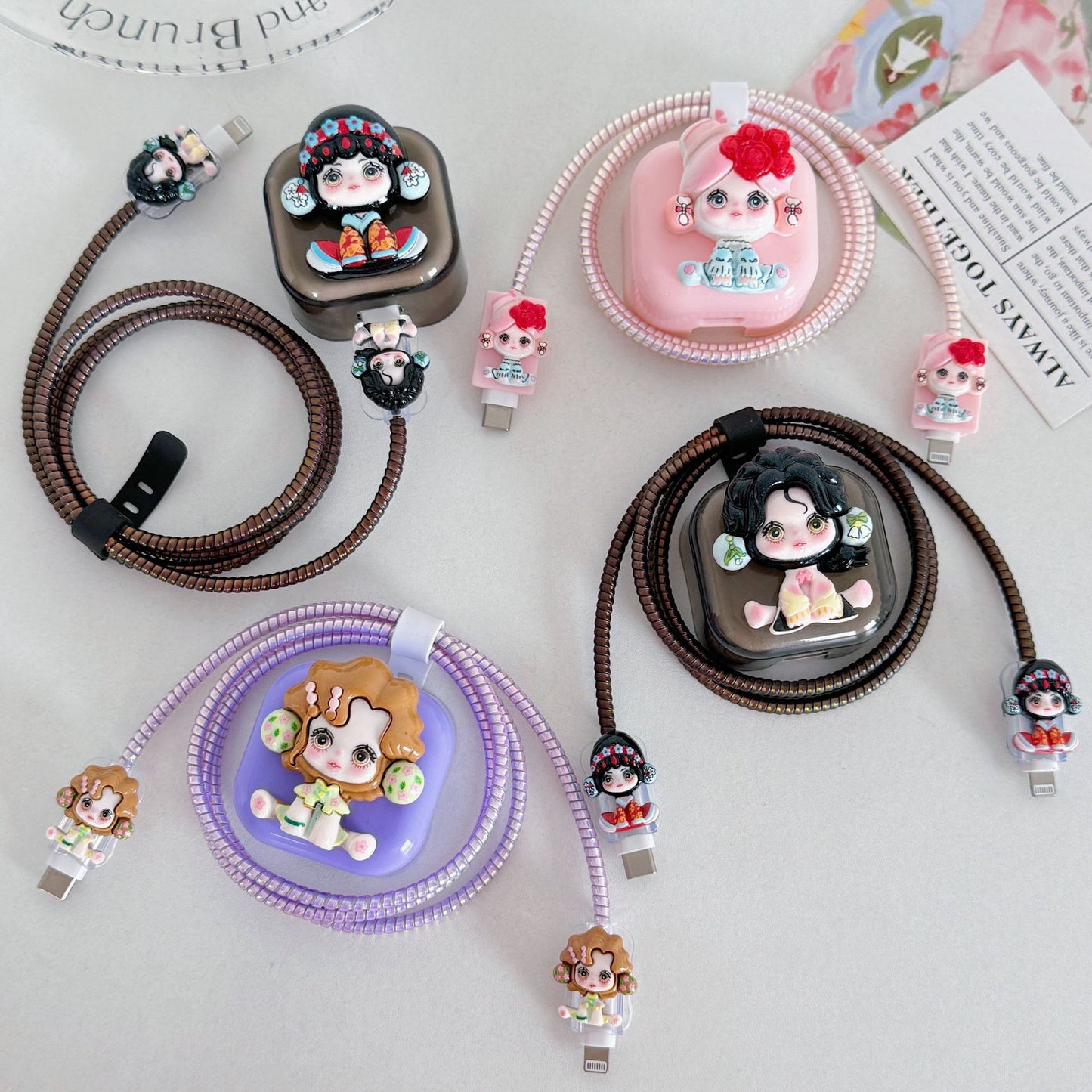 Cute Cartoon Girl Charging Cable Protector Set – 3D Plug, Cord & Case Covers