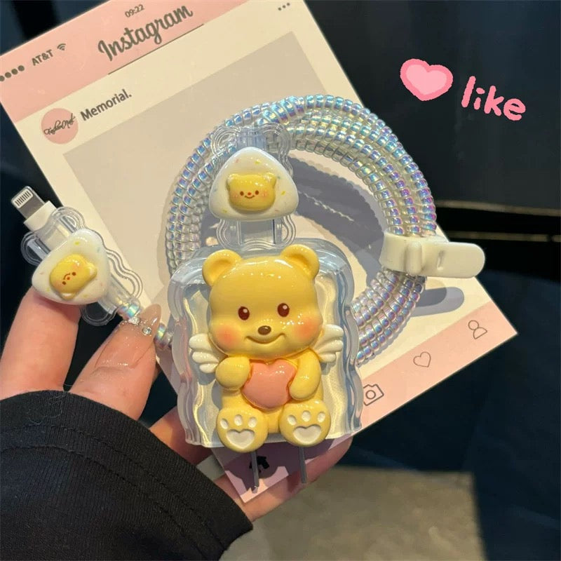 3D Cute Bear Charging Cable Cover Set – Cartoon Plug & Cord Protector