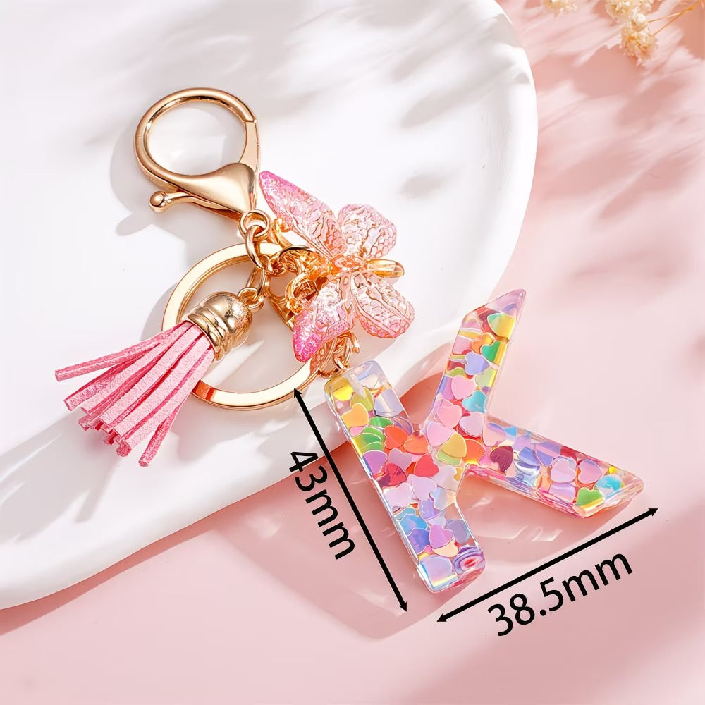 Custom Pink Glitter Initial Keychain with Butterfly & Heart Charm V Boutique Studio