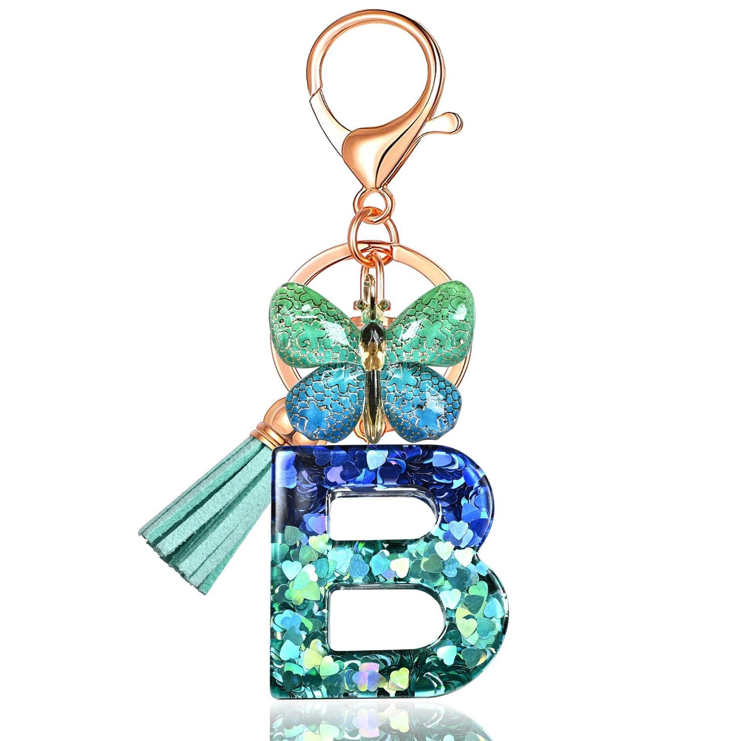 Blue-Green Resin Initial Keychain – Butterfly & Tassel Charm Gift