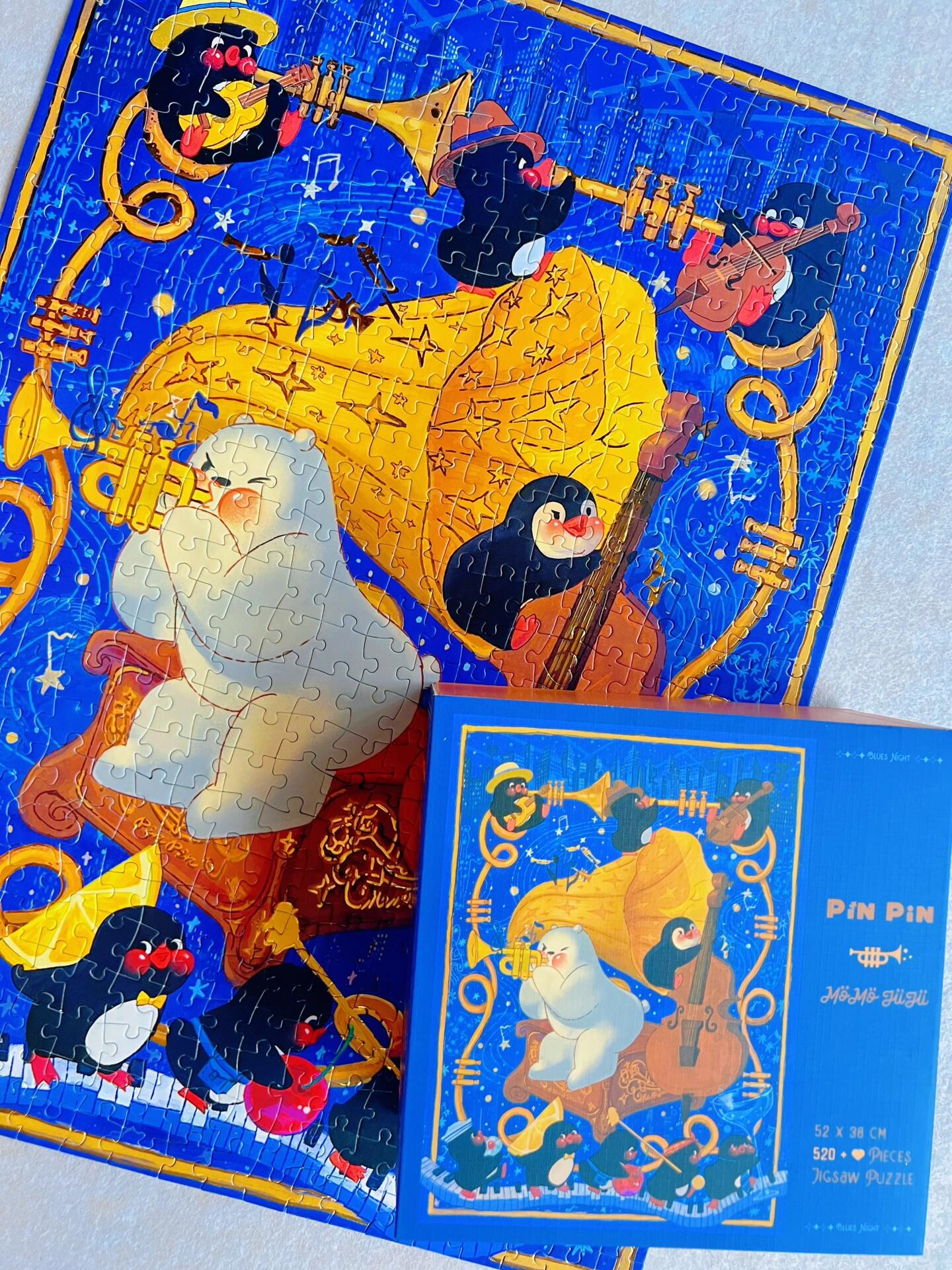 Pin Pin Blue Night 521 Piece Glow in the Dark Gold Foil Jigsaw Puzzle Pin Pin