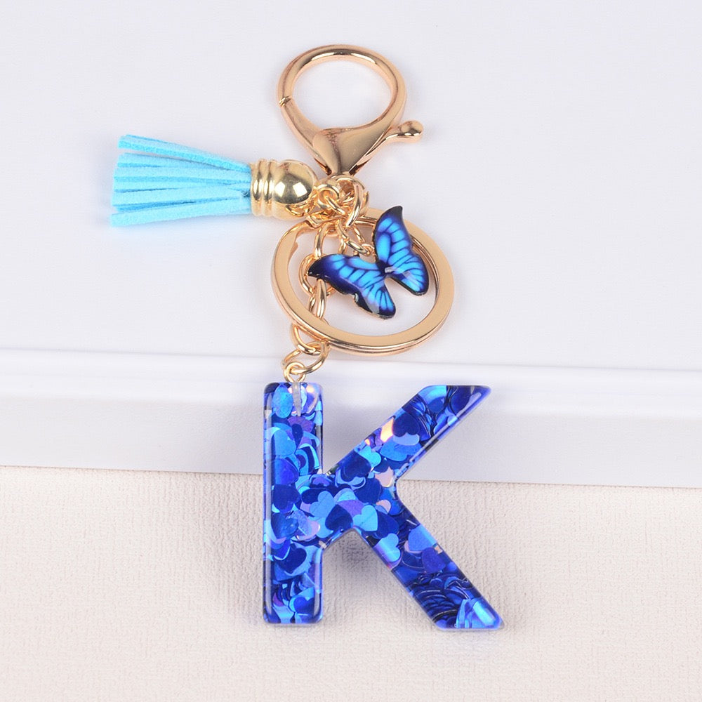 Blue Initial Letter Keychain with Butterfly & Tassel V Boutique Studio