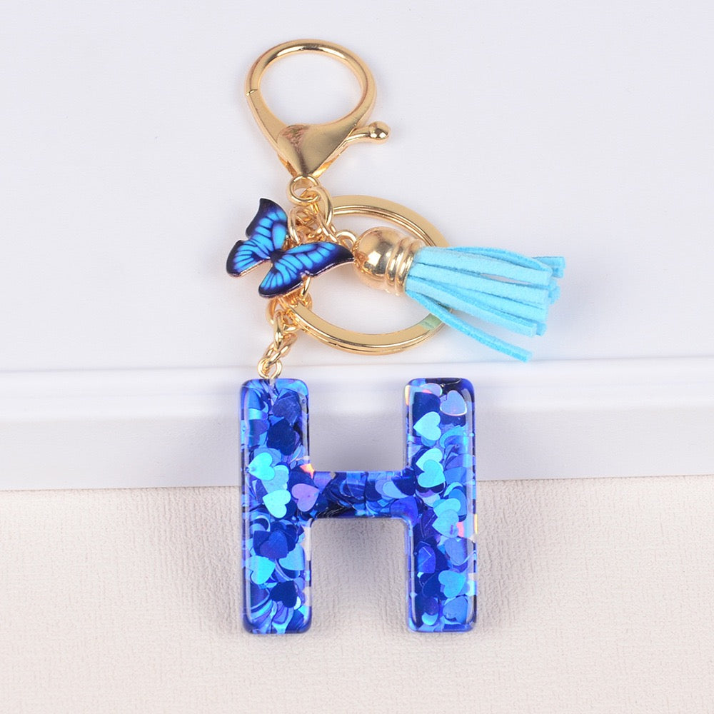 Blue Initial Letter Keychain with Butterfly & Tassel V Boutique Studio