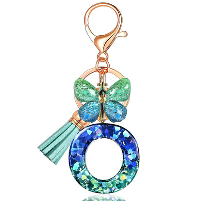 Blue-Green Resin Initial Keychain – Butterfly & Tassel Charm Gift