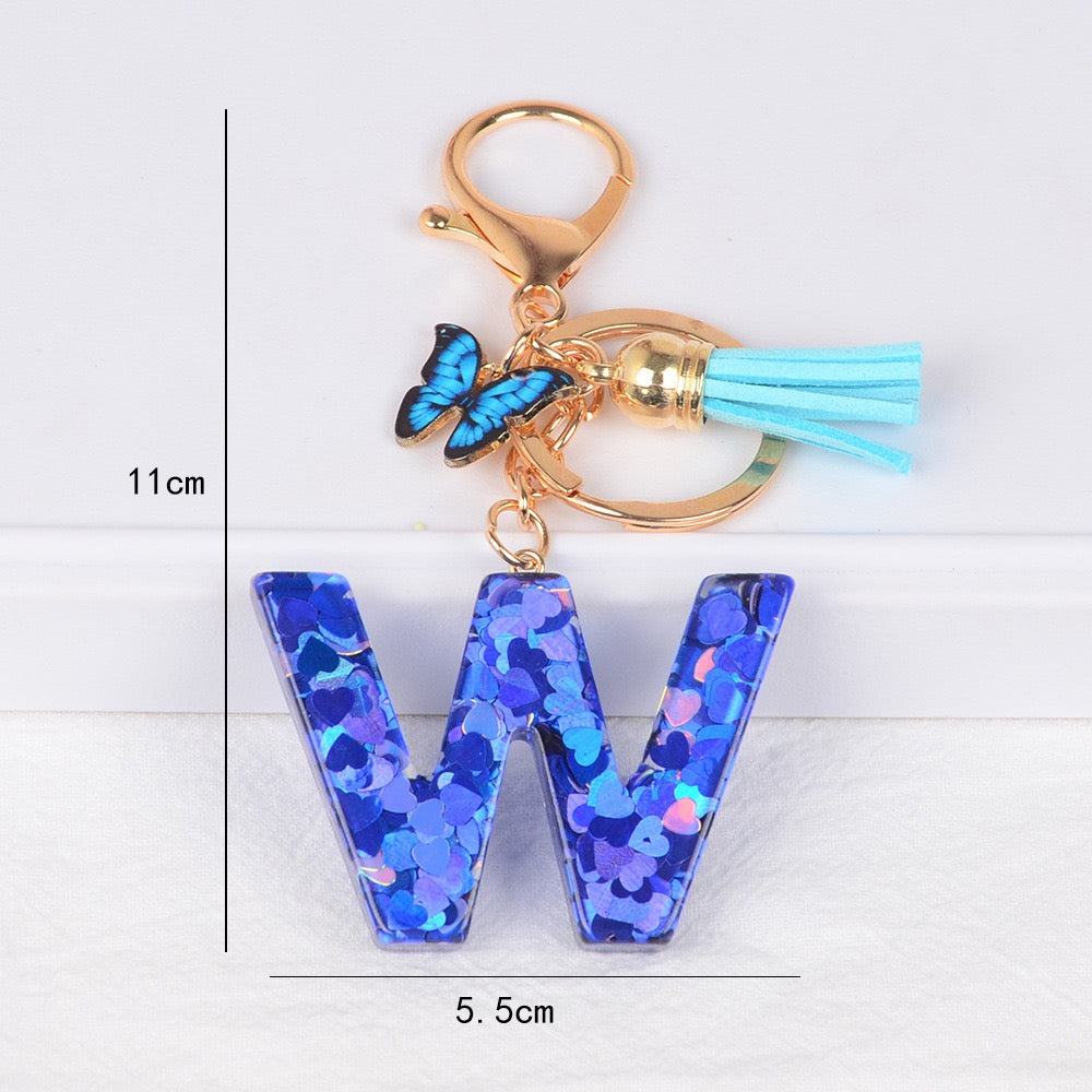 Blue Initial Letter Keychain with Butterfly & Tassel V Boutique Studio