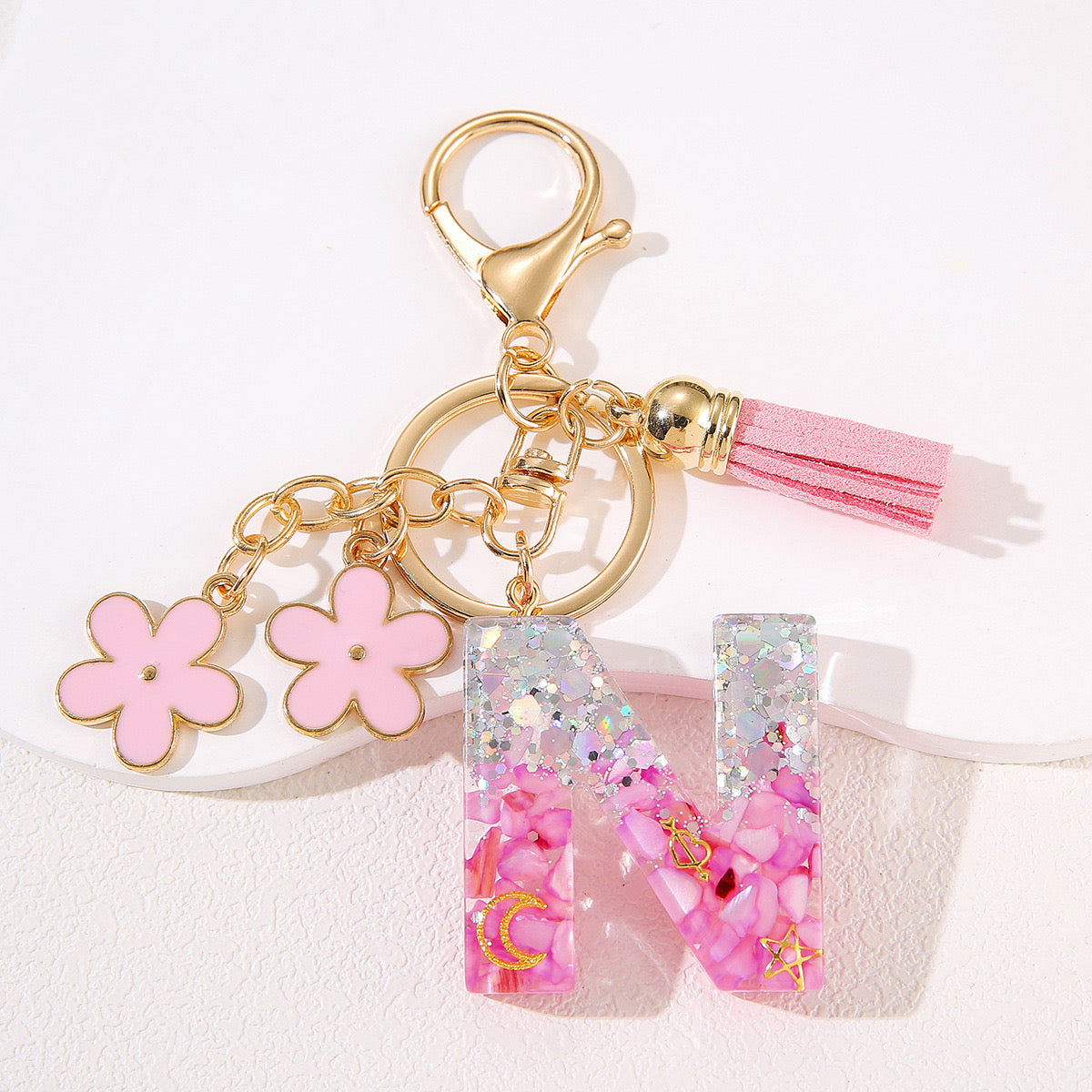 Glitter Resin Letter Keychain – Pink Flower & Tassel Charm
