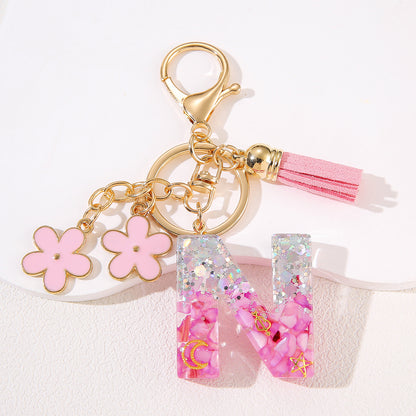 Glitter Resin Letter Keychain – Pink Flower & Tassel Charm