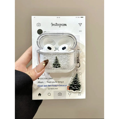 Snowy Pine Tree Clear AirPods Case with Tree Charm – Glitter Protective Cover
