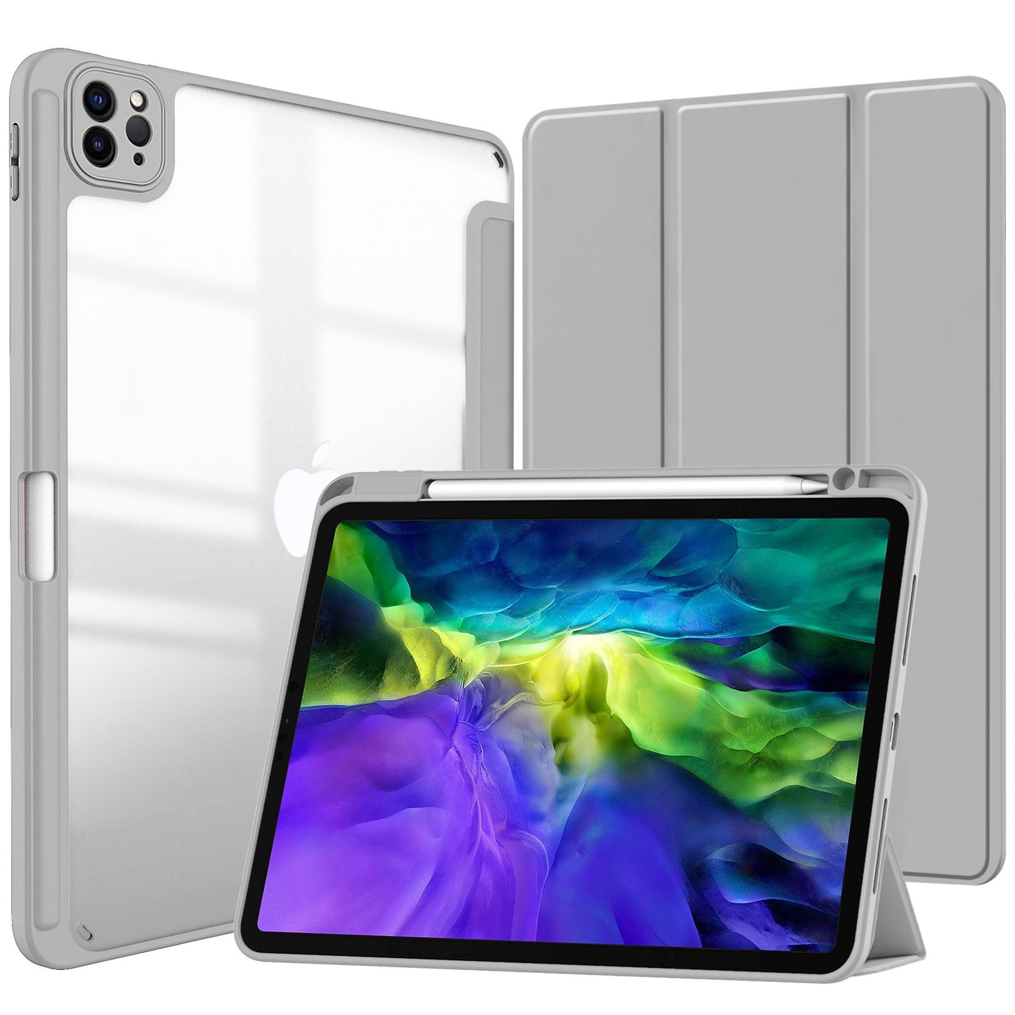 Clear Back iPad Case with Pencil Holder – Shockproof Tri-Fold Stand Cover