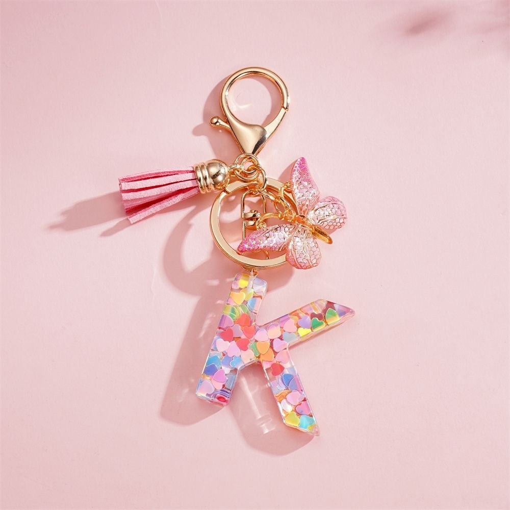 Custom Pink Glitter Initial Keychain with Butterfly & Heart Charm V Boutique Studio