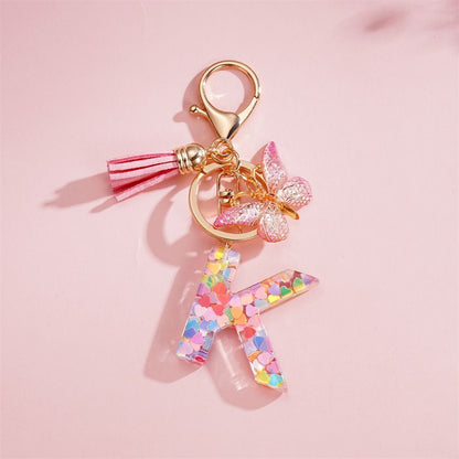 Custom Pink Glitter Initial Keychain with Butterfly & Heart Charm V Boutique Studio