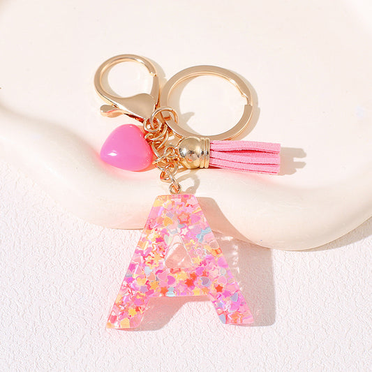 Pink Glitter Resin Initial Keychain – Heart & Tassel Charm