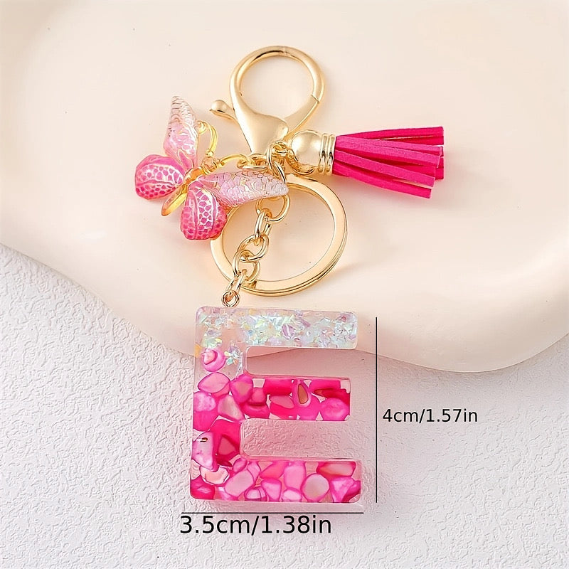 Hot Pink Glitter Resin Initial Keychain – Butterfly & Tassel Bag Charm