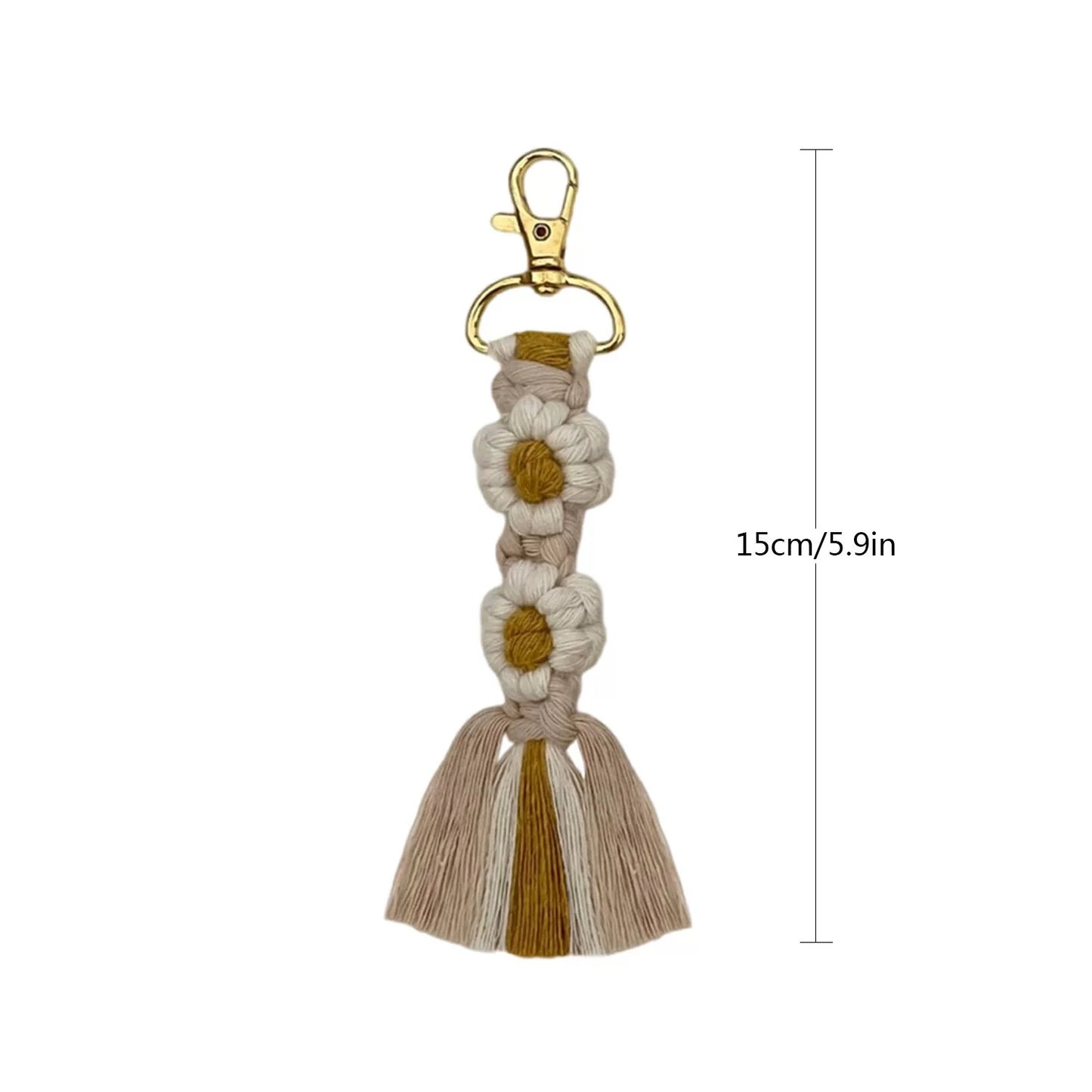 Boho Daisy Macrame Keychain – Handmade Cotton Tassel Bag Charm