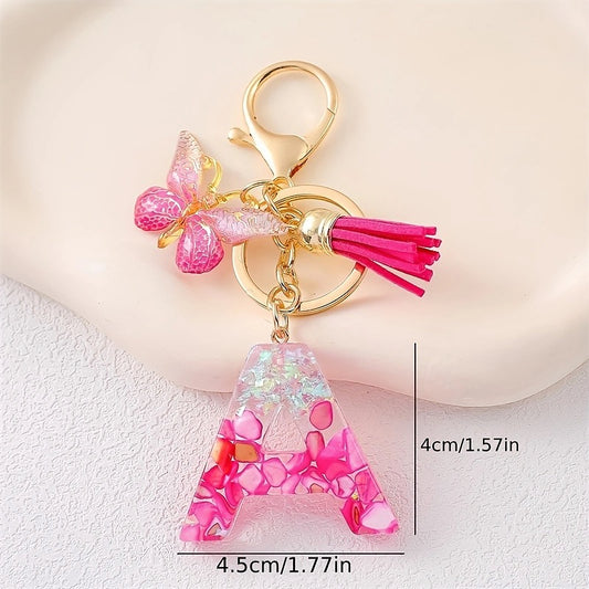 Hot Pink Glitter Resin Initial Keychain – Butterfly & Tassel Bag Charm