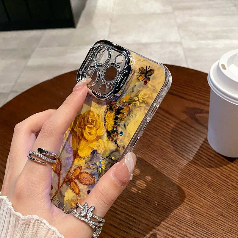 Coque de téléphone élégante avec motif papillon et rose jaune