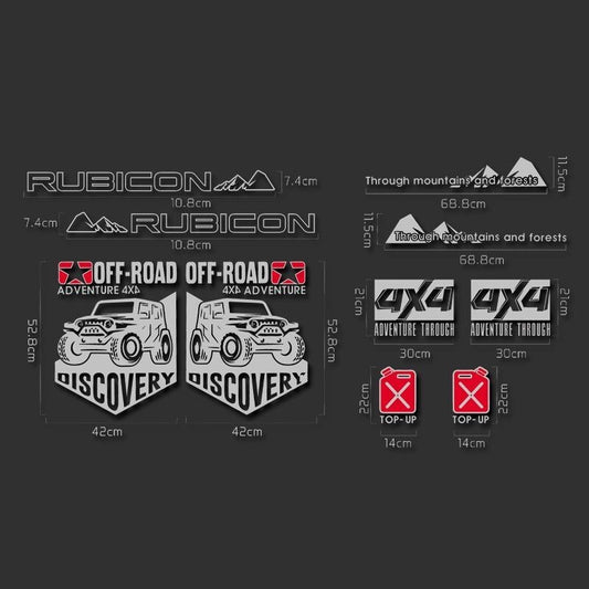 Rubicon Jeep Wrangler decal set layout with measurements – off-road adventure vinyl sticker kit with 4x4, Discovery, and mountain graphics
