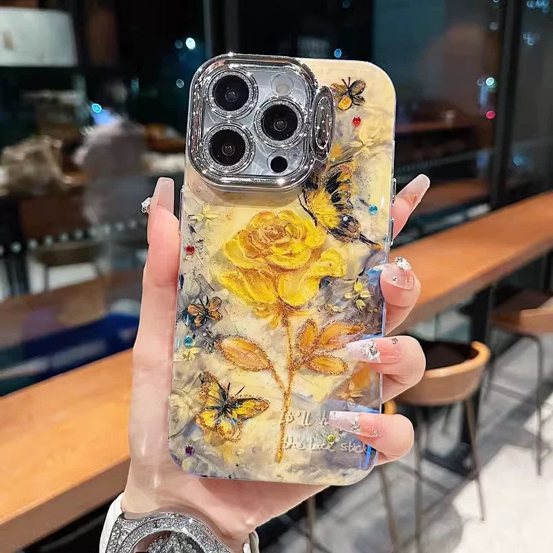 Coque de téléphone élégante avec motif papillon et rose jaune