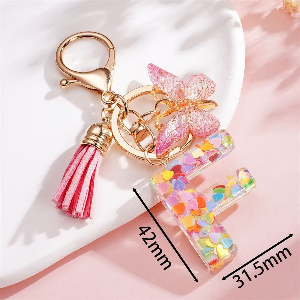 Custom Pink Glitter Initial Keychain with Butterfly & Heart Charm V Boutique Studio