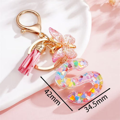 Custom Pink Glitter Initial Keychain with Butterfly & Heart Charm V Boutique Studio