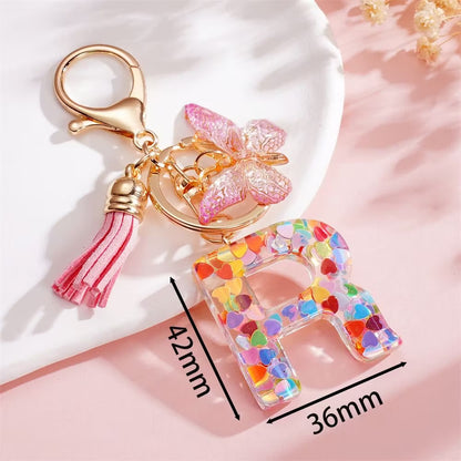 Custom Pink Glitter Initial Keychain with Butterfly & Heart Charm V Boutique Studio