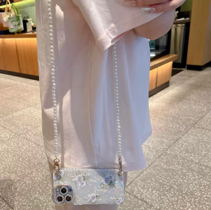 Sweetheart Shell Phone Case with Pearl Crossbody Lanyard