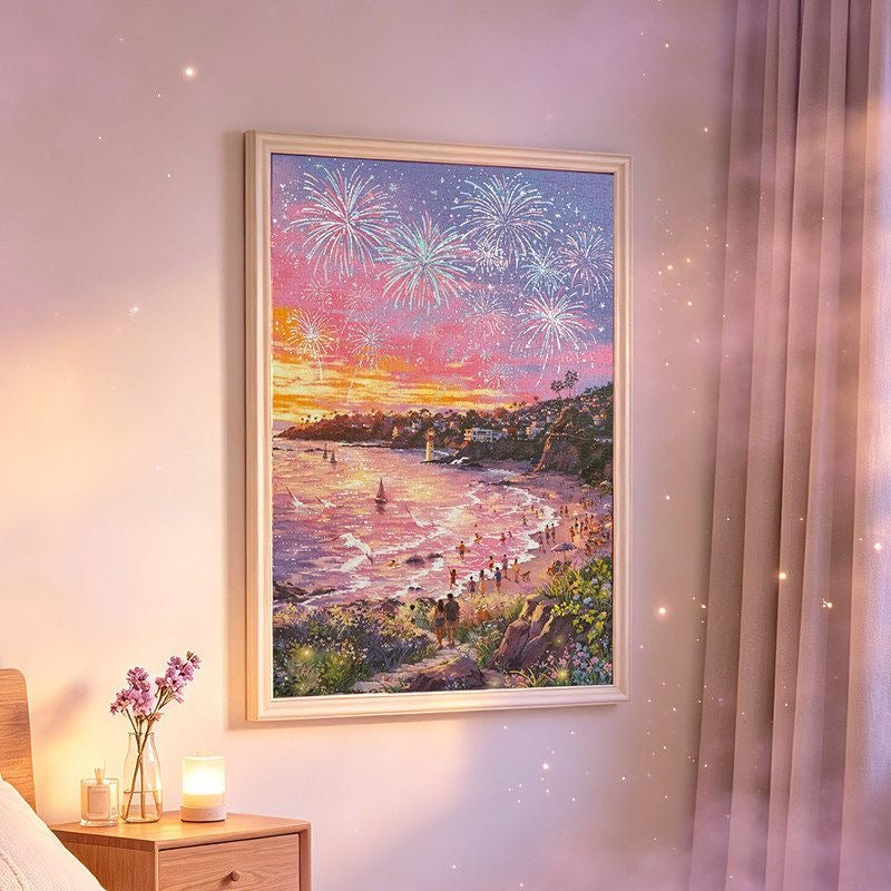 Fireworks over the Pink Sea 1000 Piece Gold Foil Jigsaw Puzzle Momibook