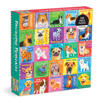 Colorful illustrated 500-piece dog puzzle featuring 25 dog breeds by Mudpuppy, titled “Pawsome Portraits”