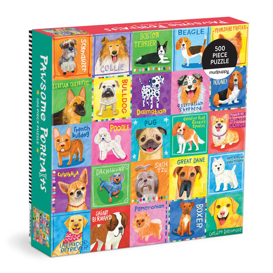 Colorful illustrated 500-piece dog puzzle featuring 25 dog breeds by Mudpuppy, titled “Pawsome Portraits”