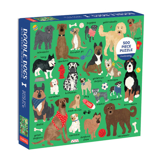 Colorful 500-piece puzzle by Mudpuppy featuring illustrated mixed breed dogs with playful names on a green background